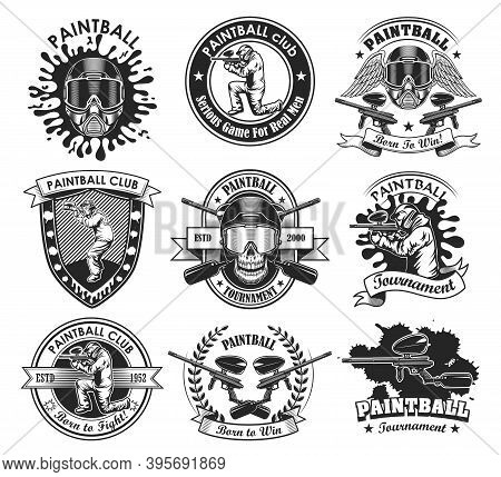 Monochrome Paintball Club Labels Vector Illustration Set. Retro Shooting Game Emblems With Skull And