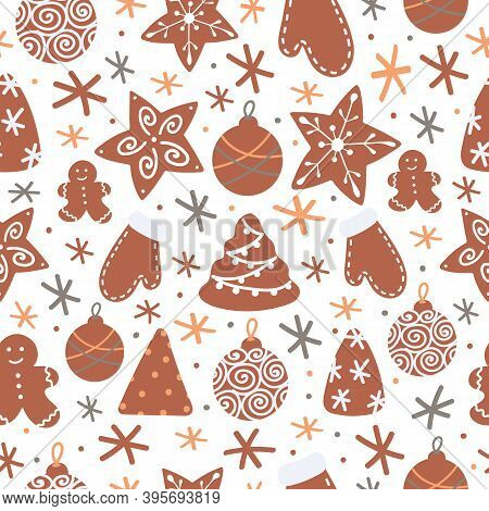 Christmas Holiday Vector Seamless Pattern With Snowflakes, Gingerbreads And Mitterns.