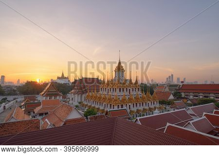 Loha Prasat Wat Ratchanatda And Golden Mountain Pagoda, A Buddhist Temple Or Wat Saket With Skyscrap