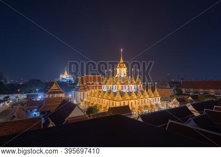 Loha Prasat Wat Ratchanatda And Golden Mountain Pagoda, A Buddhist Temple Or Wat Saket With Skyscrap