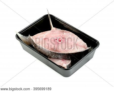 Spanish Mackerel Slice Or Spotted Mackerels In Black Plastic Box Isolated On White  Background ,scom