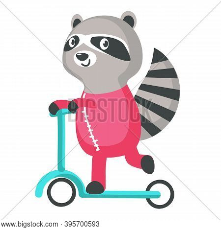 Cutr Raccoon On A Kick Scooter Icon Isolated On White Background. Vector Illustration