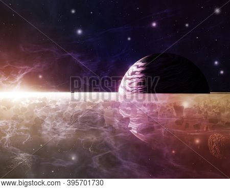 Planet Saturn Or Jupiter Close-up With Meteorites Ring And Sun In Haze. 3d Illustration