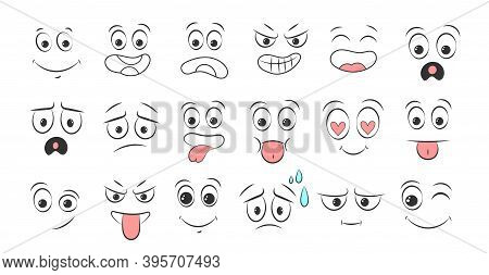 Set Of Emoticon Hand Drawn Pattern. Collection Memes. Doodle Face, Smile, Happy, Sad, Shock, Bored, 