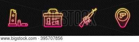 Set Line M16a1 Rifle, Gun Magazine And Bullets, Military Ammunition Box And Location With Weapon. Gl