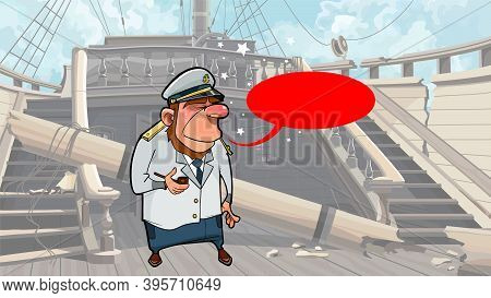 Cartoon Sea Captain Standing On The Deck Of Dilapidated Wooden Ship