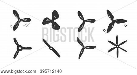 Set Of Propellers Plane. Hand Drawn Doodle. Fan, Propellers, Rotor Mover, Aircraft Propeller Icons, 