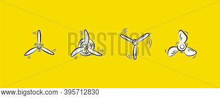 Set Of Propellers Plane. Hand Drawn Doodle. Fan, Propellers, Rotor Mover, Aircraft Propeller Icons, 