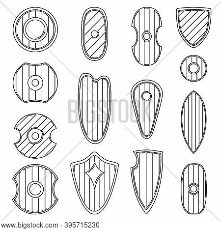 Set Of Simple Vector Images Of Medieval Shields And Bucklers Drawn In Art Line Style.