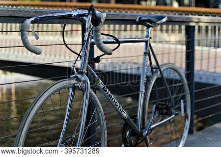 Oslo, Norway - Aug. 29th 2020: Retro Bianchi Track Racing Bike In Chrome, Parked By The Waterfront.