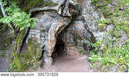 Anfabrika Rocks And Cellars In Ligatne Town An Old Floodgate Dam. Ancient Sandstone Caves And Ancien