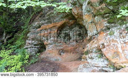 Anfabrika Rocks And Cellars In Ligatne Town An Old Floodgate Dam. Ancient Sandstone Caves And Ancien