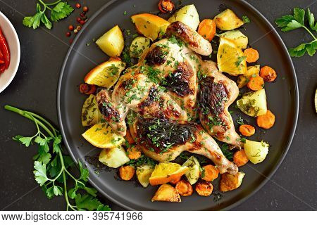 Spatchcocked Grilled Chicken With Vegetables On Plate, Top View