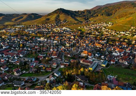 Colorful Landscape Aerial View Of Little Village Kappelrodeck In Black Forest Mountains. Beautiful M