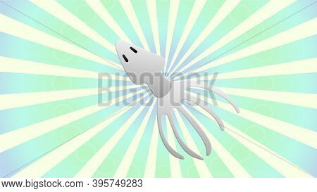 Squid On A White And Blue Retro Background, Vector Illustration. White Squid With Eyes, Seafood. Hea