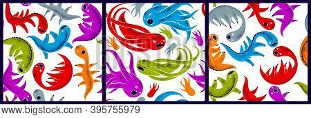 Scary Horror Monsters Seamless Vector Textile Pattern Set, Beasts Creatures Endless Wallpaper, Styli