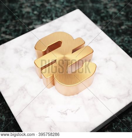 Hryvnia Icon. Bronze Hryvnia Symbol On White Marble Podium. Icon For Website, Social Media, Presenta