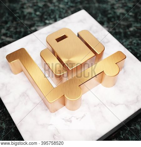 Luggage Cart Icon. Bronze Luggage Cart Symbol On White Marble Podium. Icon For Website, Social Media