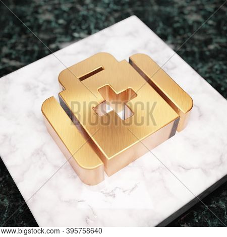 Medkit Icon. Bronze Medkit Symbol On White Marble Podium. Icon For Website, Social Media, Presentati
