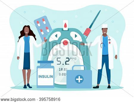 Measuring Sugar In Blood With Glucometer. Concept Of Diabetes Awereness, Healthcare And Treatment. B