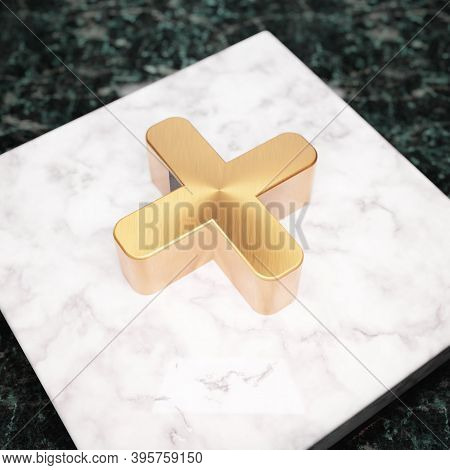 Plus Icon. Bronze Plus Symbol On White Marble Podium. Icon For Website, Social Media, Presentation, 