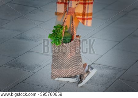 Woman With Eco Reusable Textile Grocery Bag With Vegetables. Healthy Plant Based Diet Shopping. Zero
