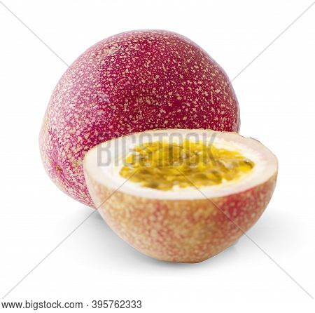 Passion Fruit Isolated. Whole Passionfruit And A Half Of Maracuya An Isolated On White Background