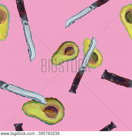 The Pattern Of Knives And Avocado On A Pink Background.