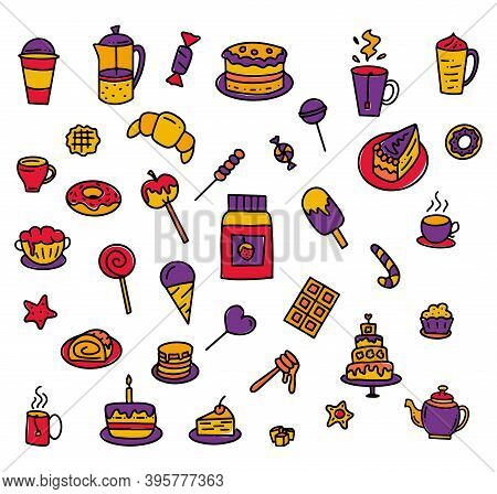 Set Of Hand Drawn Colored Elements For Cafe Or Restaurant Menu, Multicolored Doodle Isolated On Whit