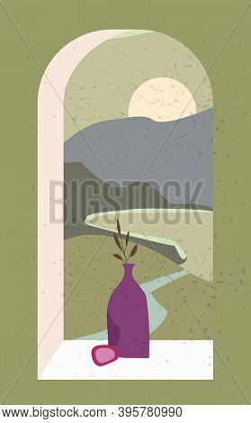 Open Old Window With Landscape Absctract View And Stillife, Vase, Friut. Mountains Sea And Ocean. Mi