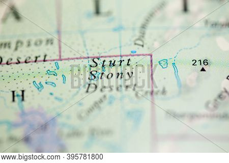 Shallow Depth Of Field Focus On Geographical Map Location Of Sturt Stony Desert Australia Oceania Co