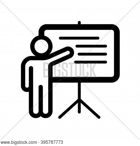 Stick Man Standing In Front Of The White Board Explaining. Explaining Icon Isolated On White Backgro