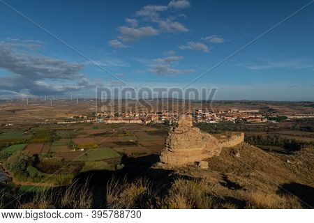 Ruins Of The Arab Castle In Maria De Huerva Near Zaragoza Early In The Morning With The Town And Win