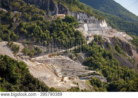 Outdoor Quarry Of White Carrara Marble On The Apuan Alps (alpi Apuane), Tuscany, Italy, Europe.
