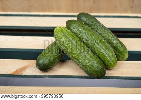 Cucumber Stands On A Wooden Crate In Front Of A White Background.