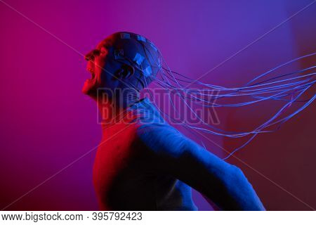 Man With Electrodes In His Head Screams In Horror, A Polygraph Lie Detector Test, Memory Erasure