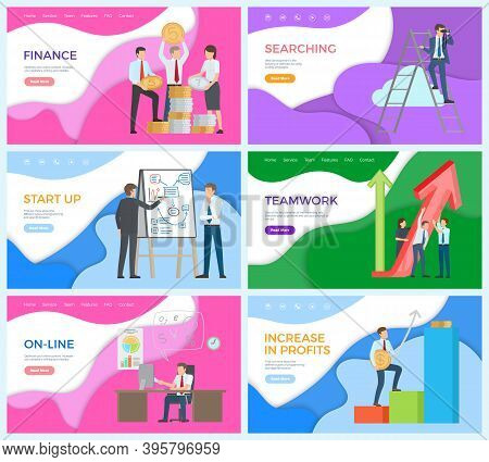 Teamwork And Finance Strategy, Increasing Profit Vector. Whiteboard With Charts And Information Abou