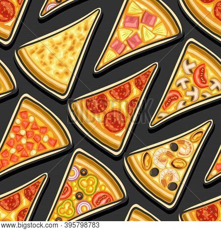 Vector Pizza Seamless Pattern, Square Repeating Pizza Background, Group Of Cut Out Illustrations Of 