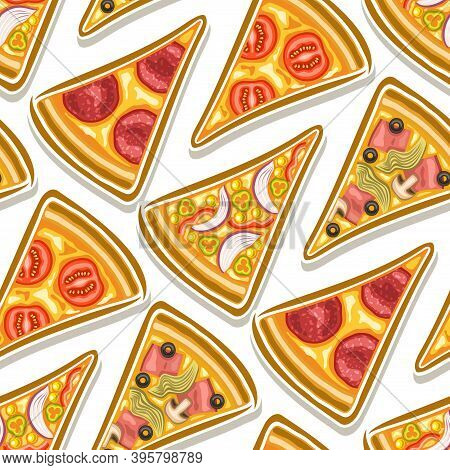 Vector Pizza Seamless Pattern, Square Repeating Pizza Background, Group Of Cut Out Illustrations Fla