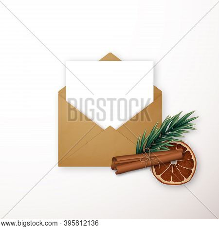 Realistic Craft Envelope With Winter Decor Fir Tree Branch, Cinnamon, Orange Slice. Vector Template 