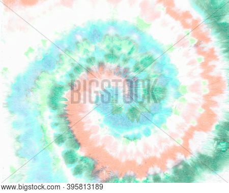 Tie Dye Circle. Blue Batik Spiral. Psychedelic Print. Green Bohemian Texture. Grunge Background In 7