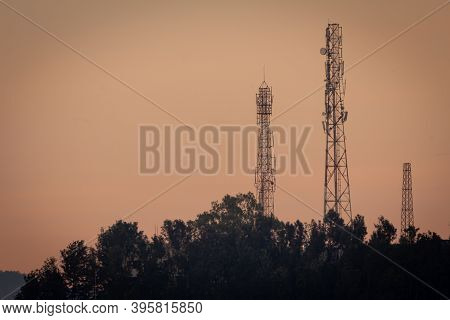 Communication Towers With The Evening Sky Background, Yercaud, Tamil Nadu, India