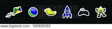 Set Of Kid Toys. Duck, Rocket, Ball, Robot, Kite, Game Stick And More. Cartoon Icon Design Template 