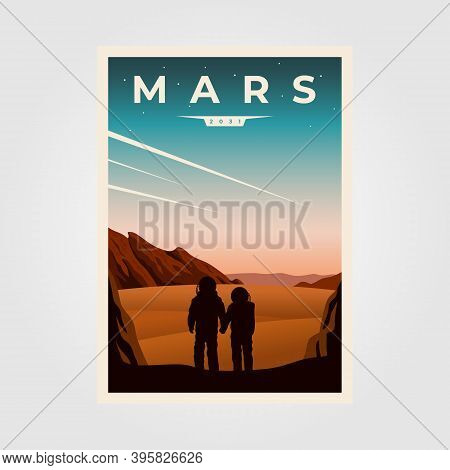 Mars Fantastic Poster Background Illustration, Astronaut Couples Space Vintage Poster Illustration D