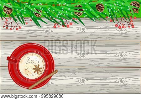 Christmas And New Year Wooden Top View Background With Fir Branch And Eggnog. Winter Holiday Greetin