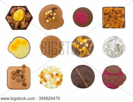 An Isolated Assortment Of Luxury Handmade Dark, Milk And White Chocolates