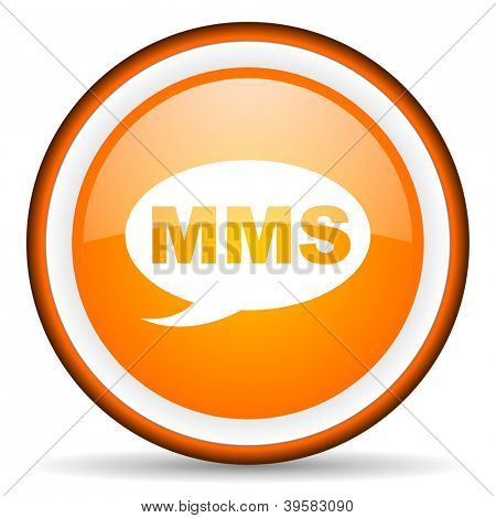 ไอคอนวงกลมผิวส้ม mms บนพื้นหลังสีขาว