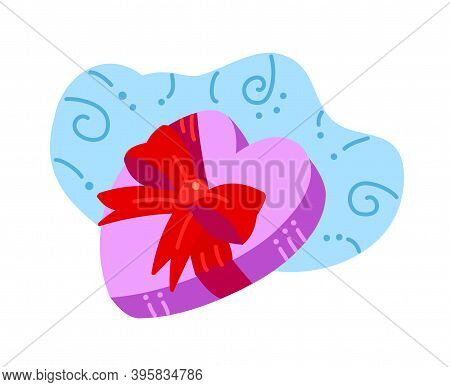 Gift Box With Red Ribbon. Heart Box. A Gift For A Loved One. Vector Flat Illustration