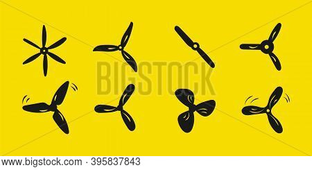 Set Of Propellers Plane. Hand Drawn Doodle. Fan, Propellers, Rotor Mover, Aircraft Propeller Icons, 