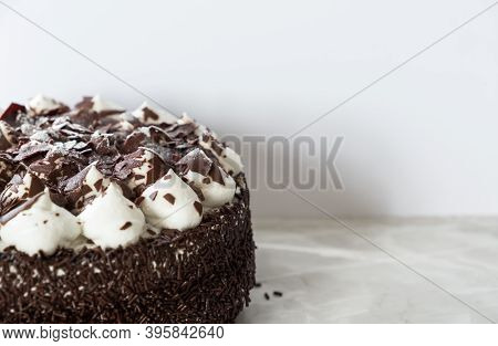 Cake Black Forest, Traditional German Cake. Close Up With Copy Space
